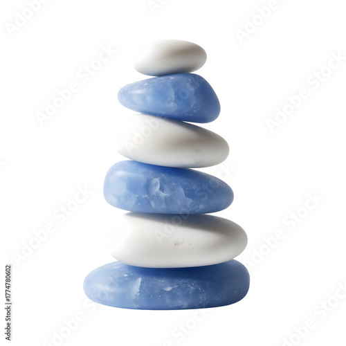 Serene pyramid of smooth, alternating white and translucent matte blue stones, perfectly balanced. Isolated on a plain background, symbolizing peace, purity, and natural harmony. Great for wellness or