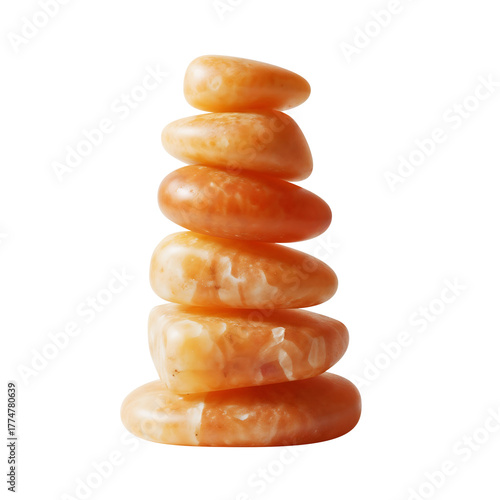 Striking pyramid of smooth, polished amber-orange stones, perfectly balanced. Isolated on a plain background, symbolizing positive energy, warmth, and zen. Great for decorative or holistic projects.