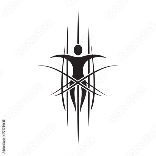 Abstract Black Silhouette with Pointed Vertical and Intersecting Curved Lines