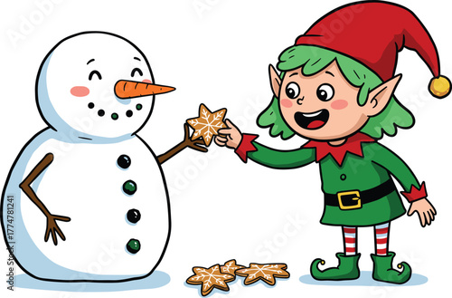 Cute Christmas elf sharing cookies with snowman, festive winter illustration, joyful holiday scene with gingerbread treats and cheerful friendship