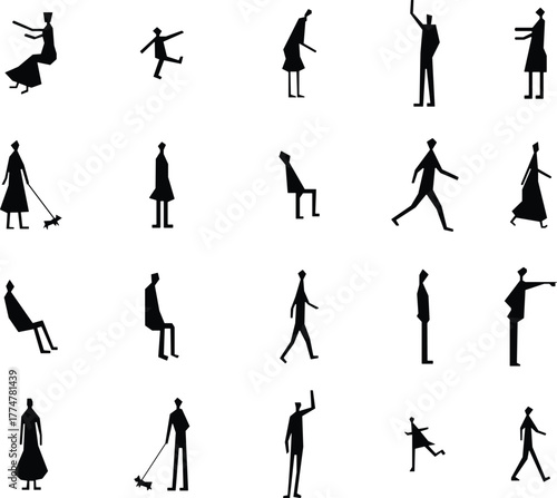 Silhouettes of people in different poses isolated on white background