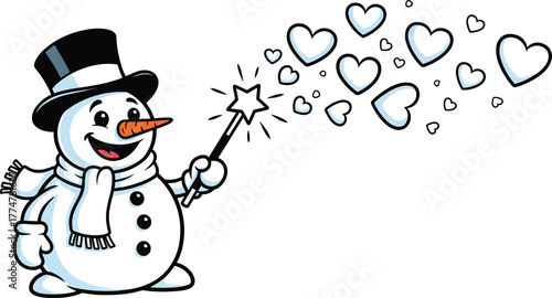 Cute snowman with magic wand spreading love hearts, cheerful winter holiday illustration, Christmas cartoon design art
