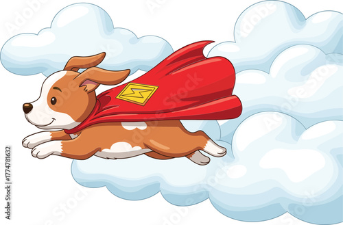 Cute superhero dog flying through clouds wearing red cape, adorable cartoon puppy illustration for kids and pet lovers