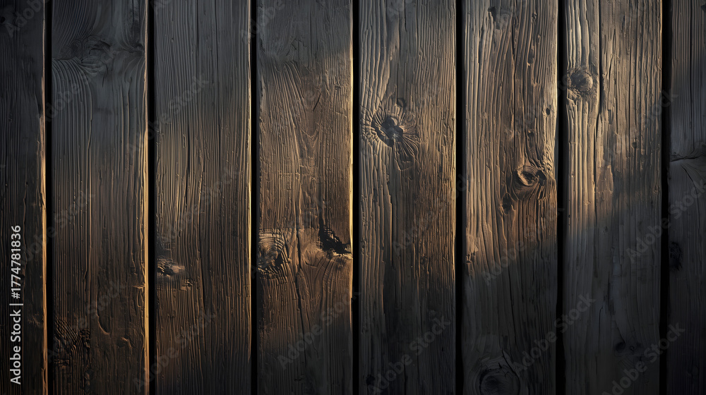Naklejka premium Vertical Dark Wood Slat Background with Warm Backlit Effect and Shadow