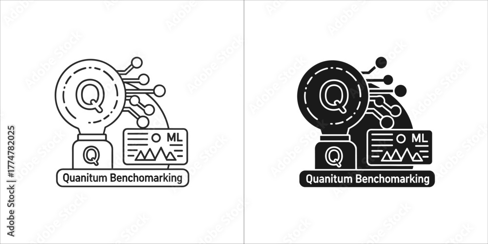 Obraz premium Quantum benchmarking icon with qml and circuit