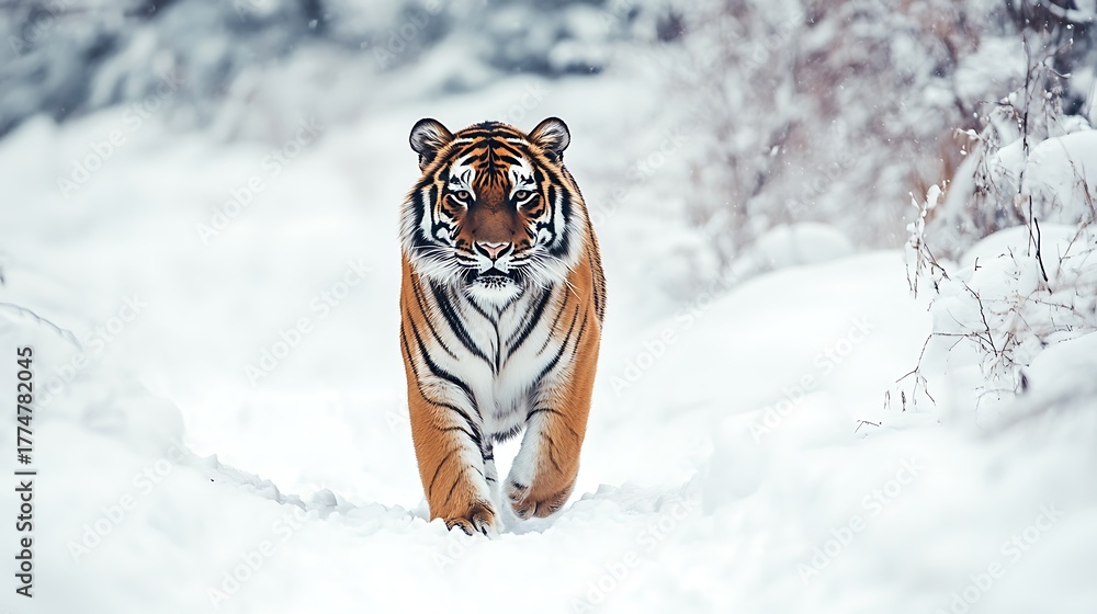 Obraz premium Tiger walking through snow wildlife animal winter predator big cat siberian beauty nature majestic wildcat
