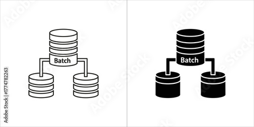 Two icons representing batch processing, one outlined and one filled, showing data stacks connected to a central batch element