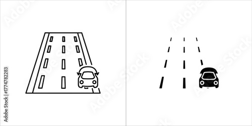 Two icons of a car on a road, one with lane lines and arrows, the other with dashed lines