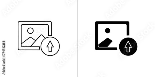 Two icons depicting image upload, one outlined and one filled, showing a picture frame with an upward arrow