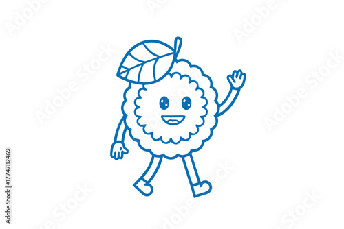 Smiling lychee fruit character with leaf is walking and waving its hand happily