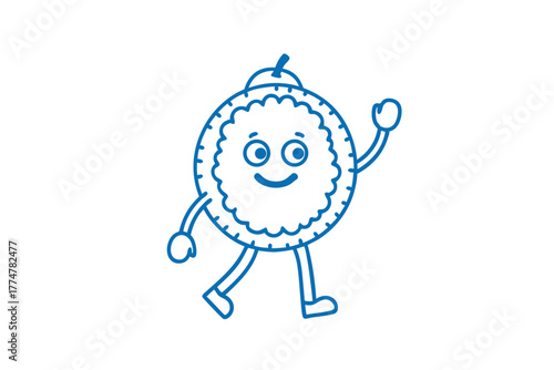 Smiling round fruit character is happily walking and waving with its cute blue limbs