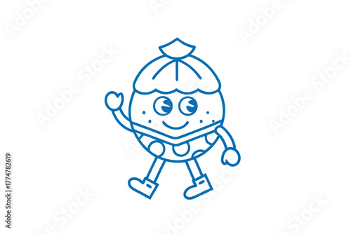 Whimsical dotted sphere character waves hello with an upbeat attitude in outlined blue design