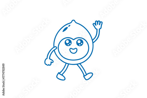 Playful blue outline cartoon seed smiles and waves its hand cheerily on white