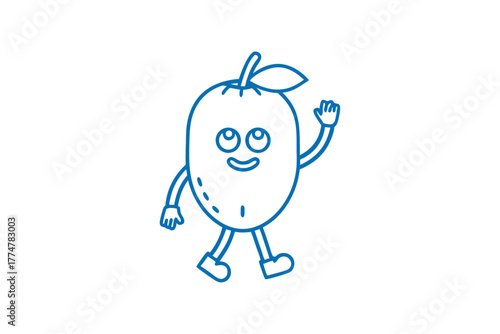 Smiling mango character with blue outlines waves his hand happily while walking forward