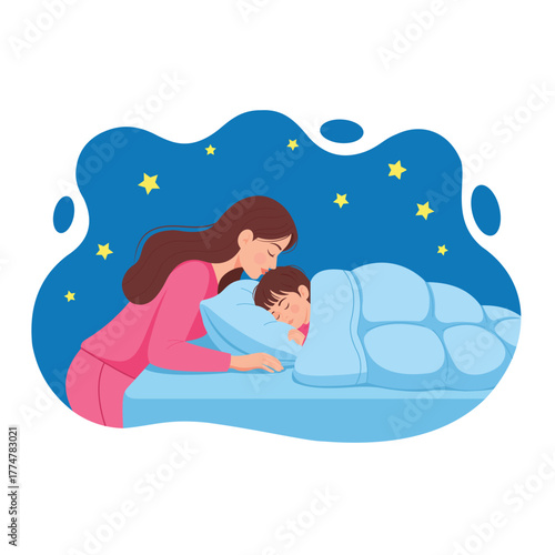 Mother Kissing Child Goodnight – Bedtime Love and Family Care Illustration