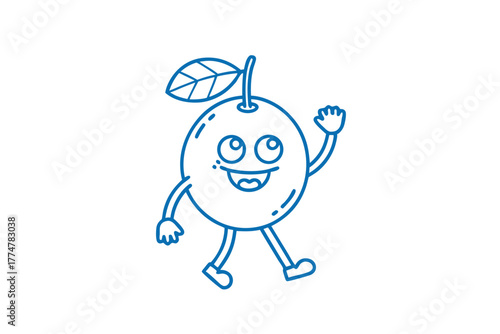 Delightful cartoon orange character cheerfully waves while taking a stroll on a white surface