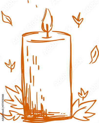 Tall Burning Candle with Leaves Cozy Autumn Home Decor Line Icon