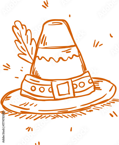 Pilgrim Hat with Feather Traditional Thanksgiving Costume Line Icon