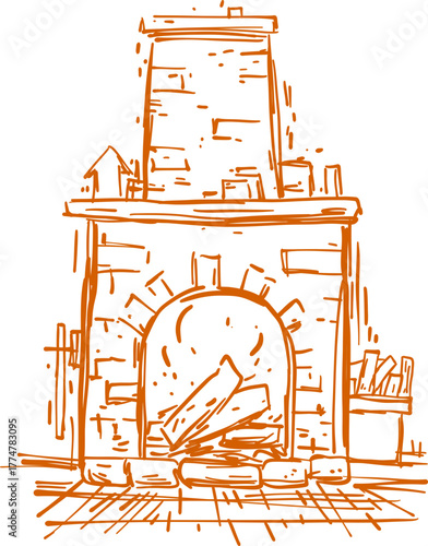 Stone Fireplace with Burning Logs Warm Cozy Hearth Line Icon