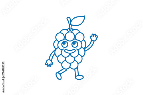 Happy cartoon raspberry character cheerfully waves while walking forward in a blue line drawing