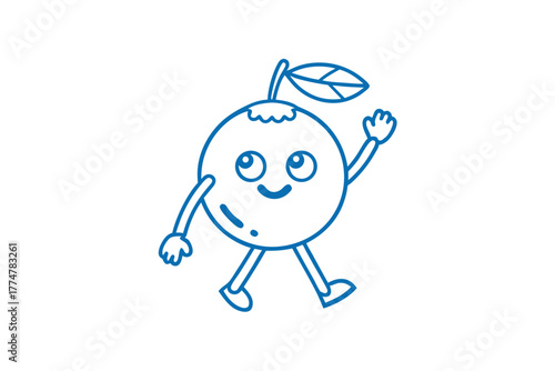 Cute orange mascot with a leaf is walking and waving its arm happily