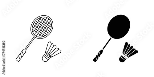 Black and white outline and silhouette icons of a badminton racket and shuttlecock