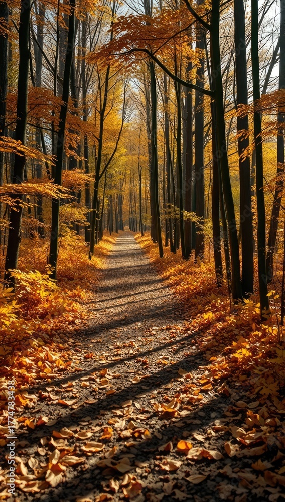 Obraz premium Forest path covered with fallen leaves sunlight filtering through tall trees