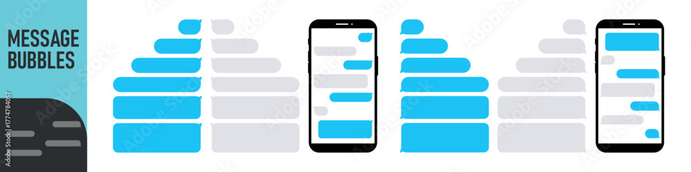 Obraz premium Smartphone, chatting sms app template bubbles. Place your own text to the message clouds. Social network messenger page template. DARK OR NIGHT MODE. Message Flat Bubbles