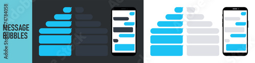 Smartphone, chatting sms app template bubbles. Place your own text to the message clouds. Social network messenger page template. DARK OR NIGHT MODE. Message Flat Bubbles