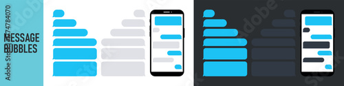 Smartphone, chatting sms app template bubbles. Place your own text to the message clouds. Social network messenger page template. DARK OR NIGHT MODE. Message Flat Bubbles