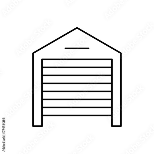 Garage door icon designed in vector line style, isolated on a white background. Ideal for smart home systems, automatic doors, home security, and remote access technology concepts.