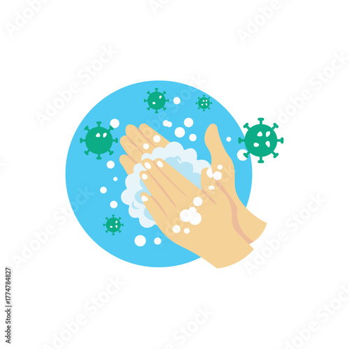 Hand washing ang hygiene icon. Flat hands washing with soap and virus particles — perfect for hygiene, health, and prevention visuals.