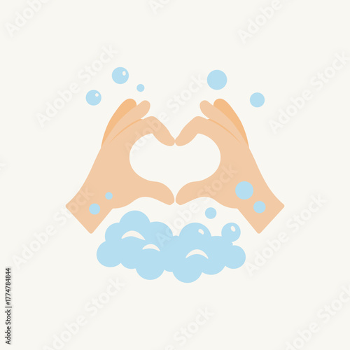 Heart bubble wash. Hands forming a heart with soap bubbles, gentle icon for care, hygiene, and charity.