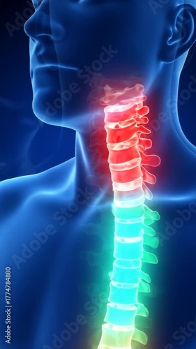 3D anatomical illustration of a person's neck and upper spine with highlighted pain