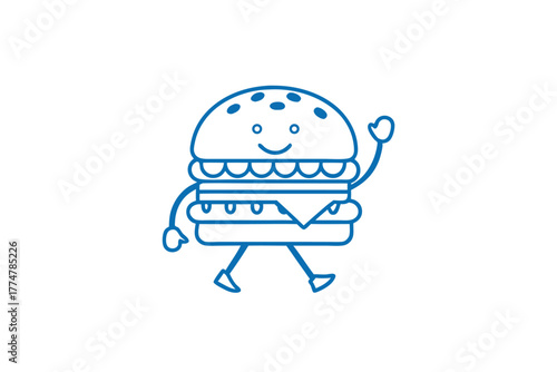 Playful blue cartoon burger character with smiling face is cheerfully walking on white