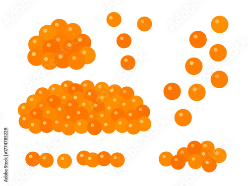 オレンジ色のいくらが美しく並んだ海鮮素材のフラットイラストセット