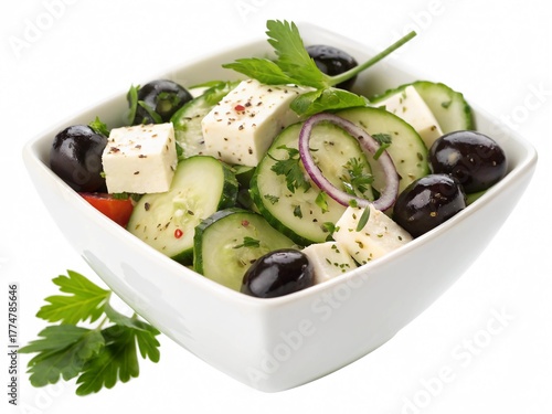 Cucumber, Black Olives, and Feta Cheese with Herbs in White Triangular Bowl Top View