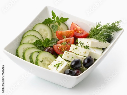 Cucumber, Tomato, Olive, and Cheese Salad with Herbs in White Triangular Bowl Top View