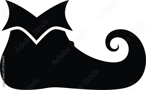 Black silhouette of a whimsical elf shoe with a curled toe