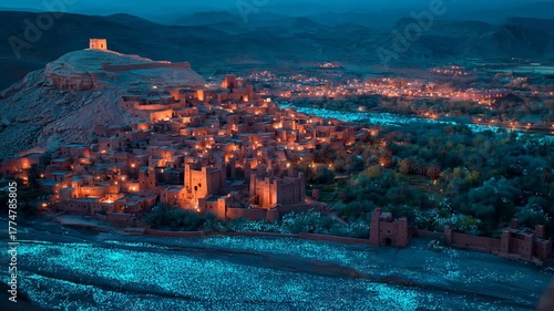 Stunning Moroccan village glows warmly at night in vibrant blue landscape