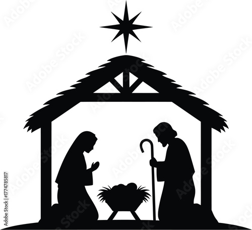 Nativity scene silhouette with star of bethlehem and manger
