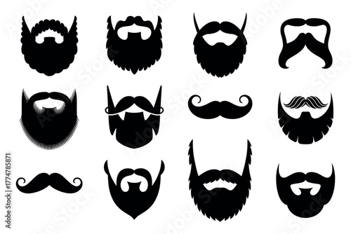 Collection of diverse beard styles and mustache designs in black and white vector illustration