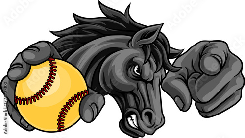 Horse mustang bronco stallion baseball softball angry sports team mascot holding a ball.
