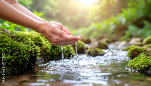 Two hands gently hold fresh water flowing from a clear mountain spring in nature