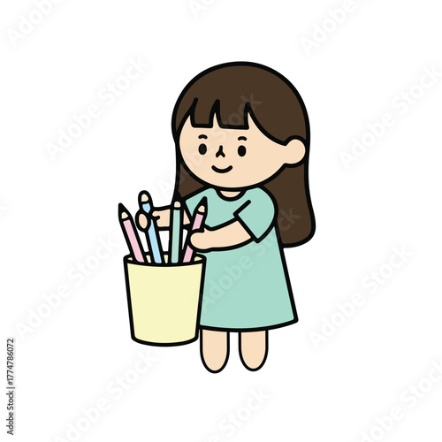 Girl happily holding art tools ready for painting and creative craft activity