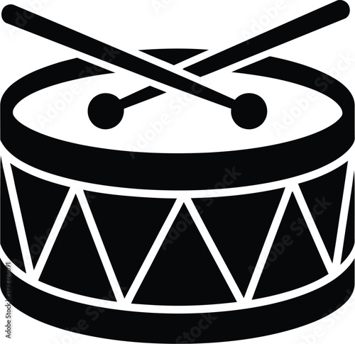 Black and white illustration of a snare drum with crossed drumsticks