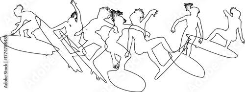 Surfer surfboard boarding female surfers surfing silhouette outlines. Women surf group design concept.