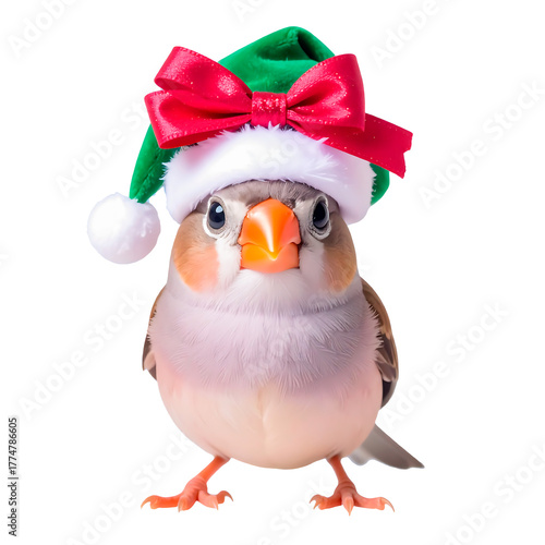 Adorable small bird wearing a green Christmas hat with a red bow, standing upright and looking cheerful against a transparent background.