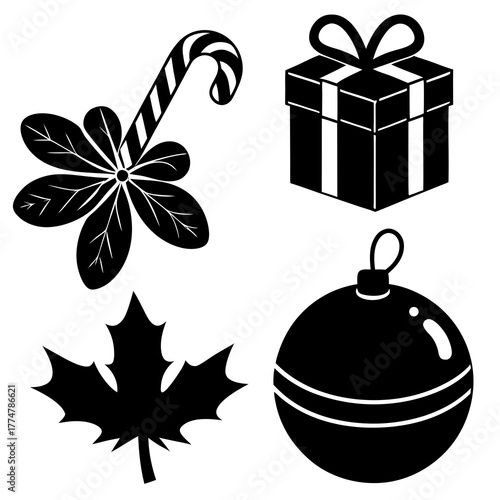 Christmas Day element silhouette vector set featuring trees, bells, and gifts for festive designs.