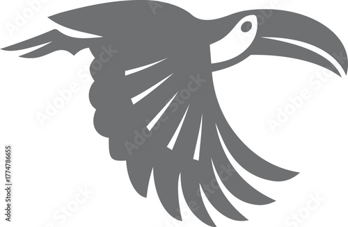 Stylized grey toucan in flight silhouette bird flying, Elegant tropical bird vector illustration